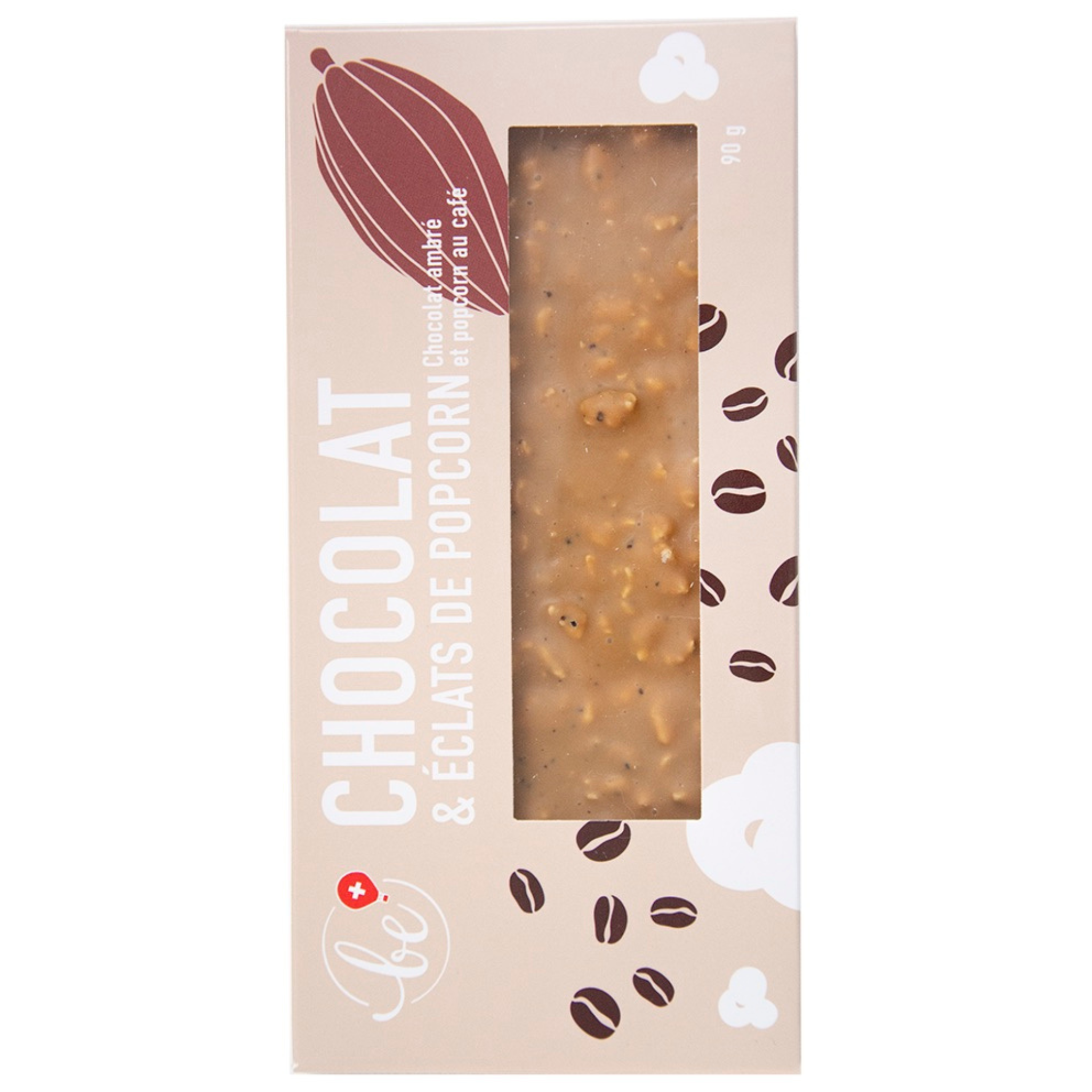 Tablette au chocolat ambré, café et éclats de popcorn au café