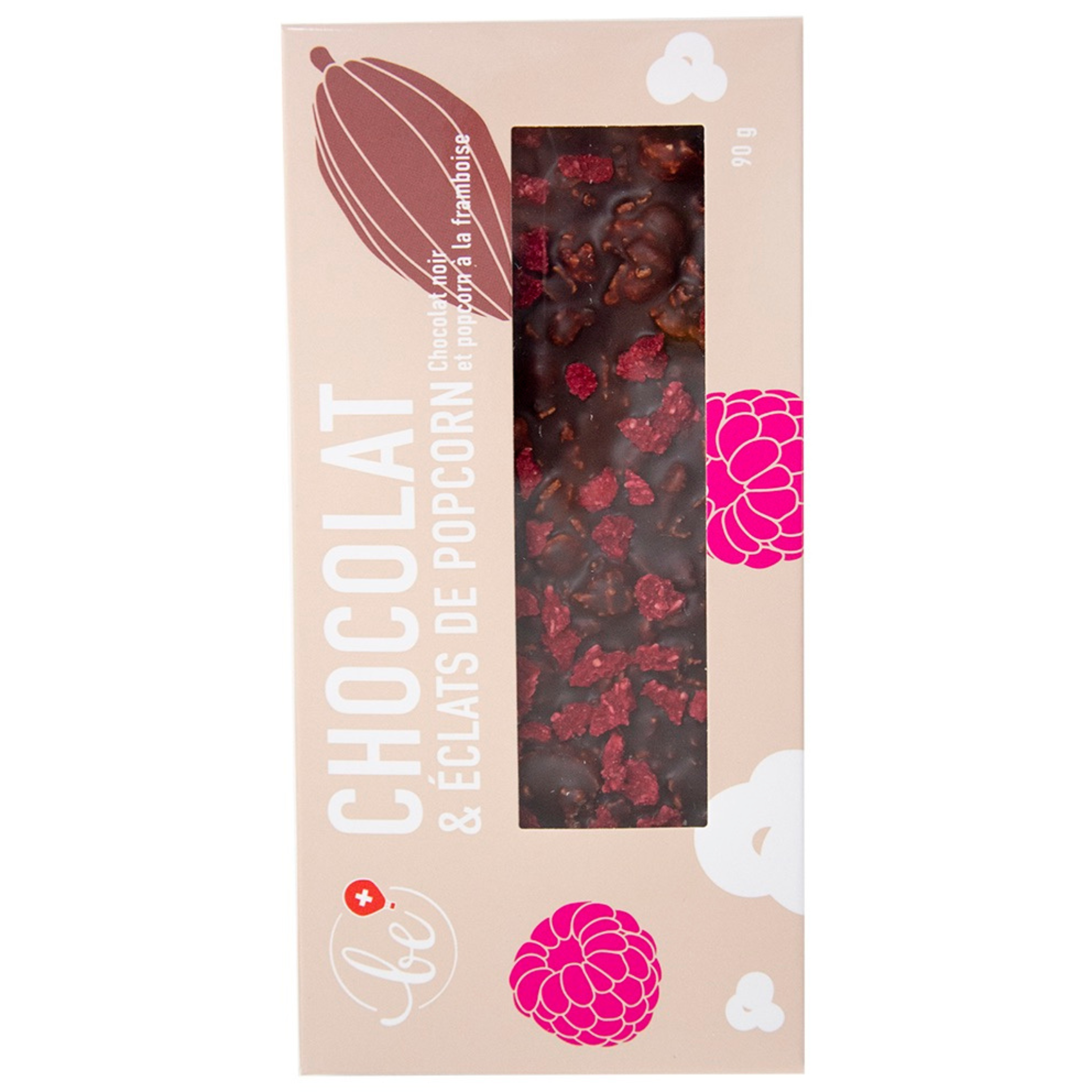Tablette de chocolat noir à la framboise et éclats de popcorn au framboise