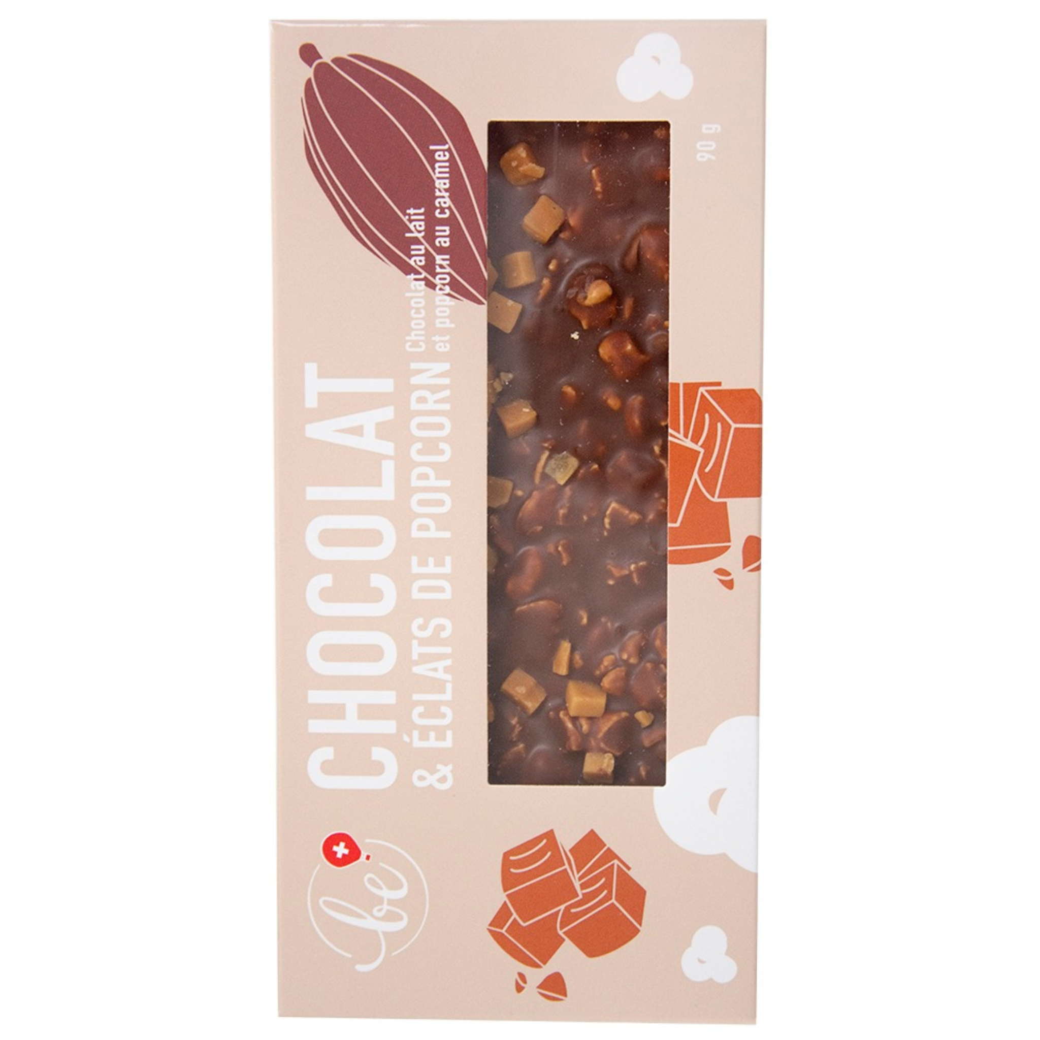 Tablette de chocolat au lait, avec du caramel et des éclats de popcorn au caramel