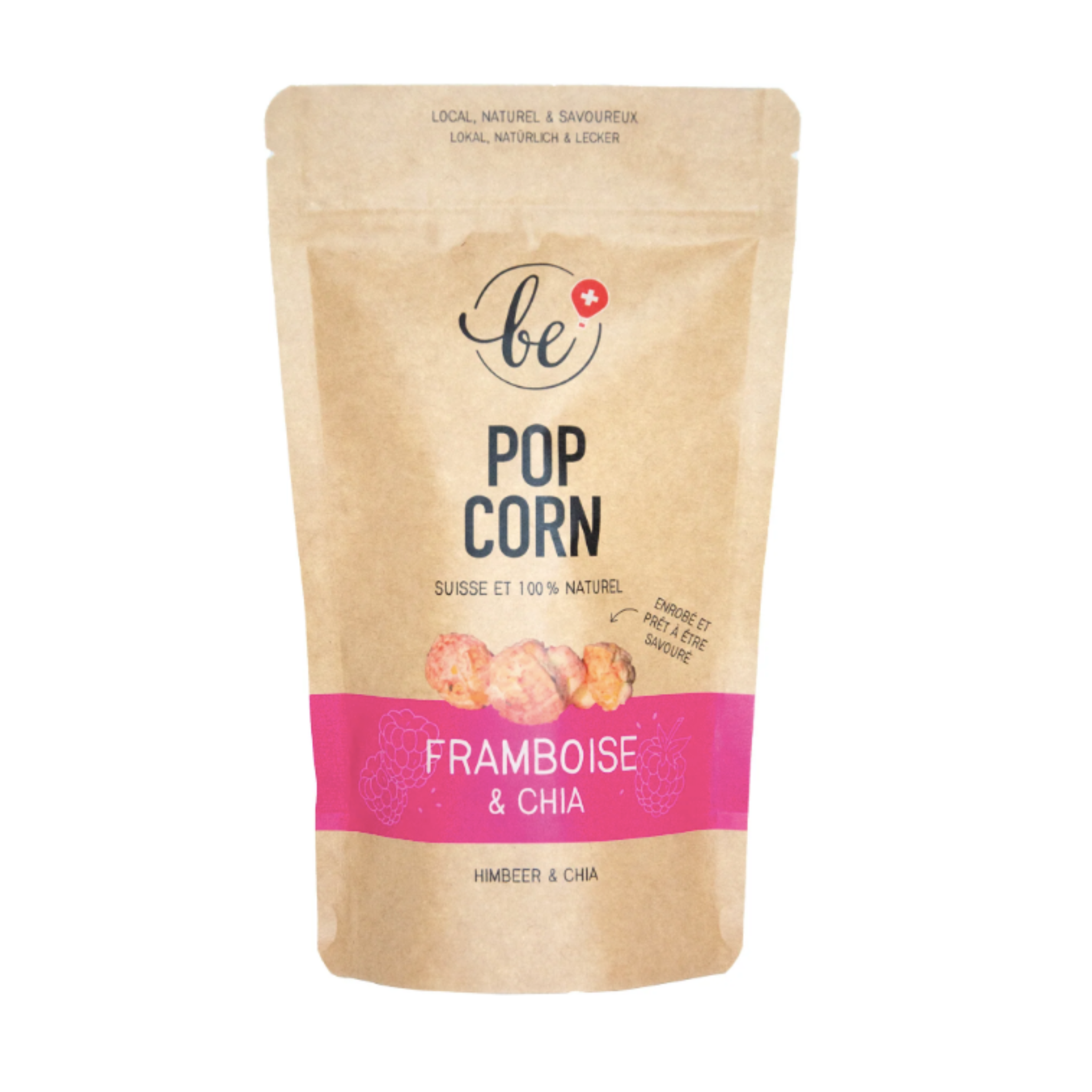Petit paquet popcorn rose à la framboise et chia