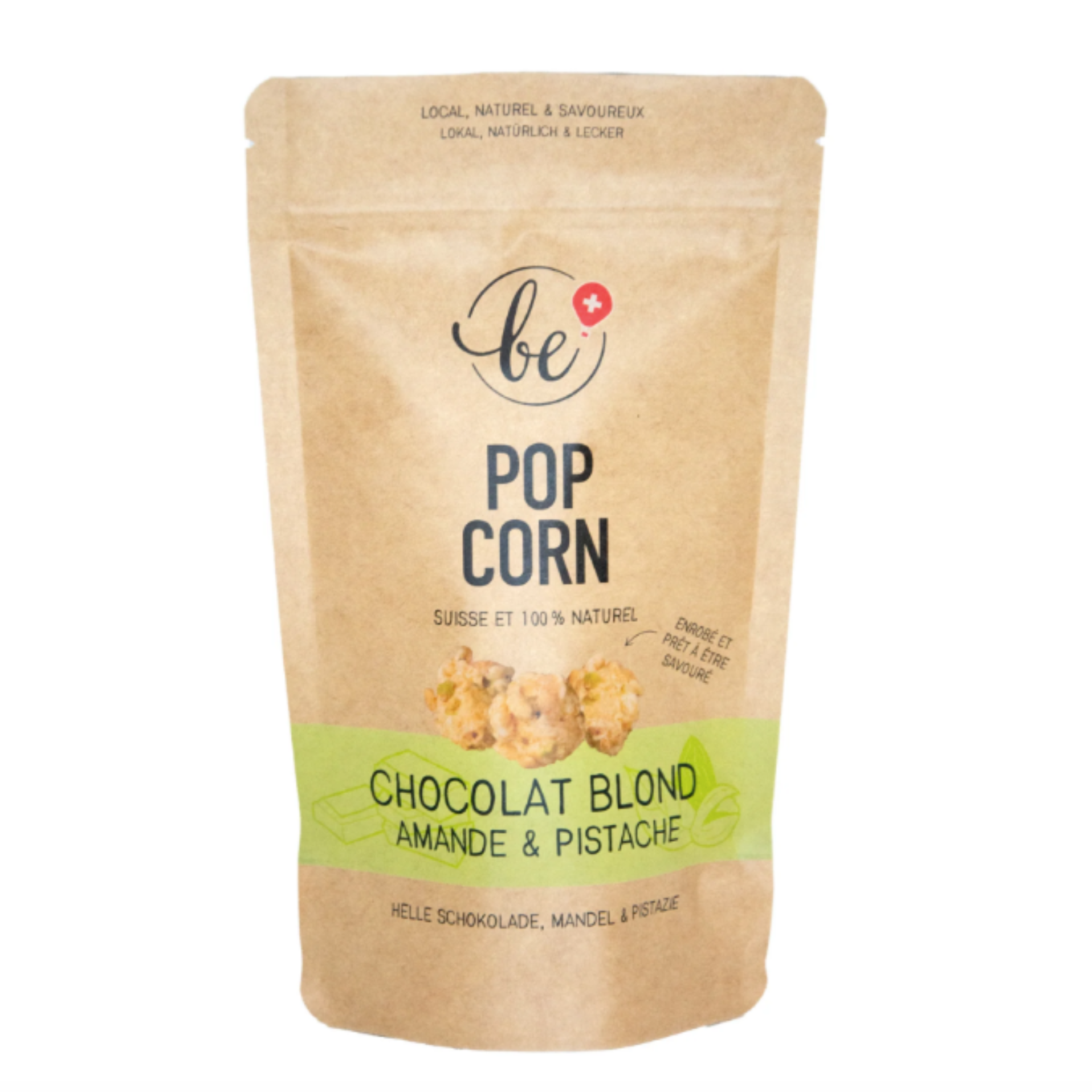Petit paquet de popcorn au chocolat blond, amande et pistache