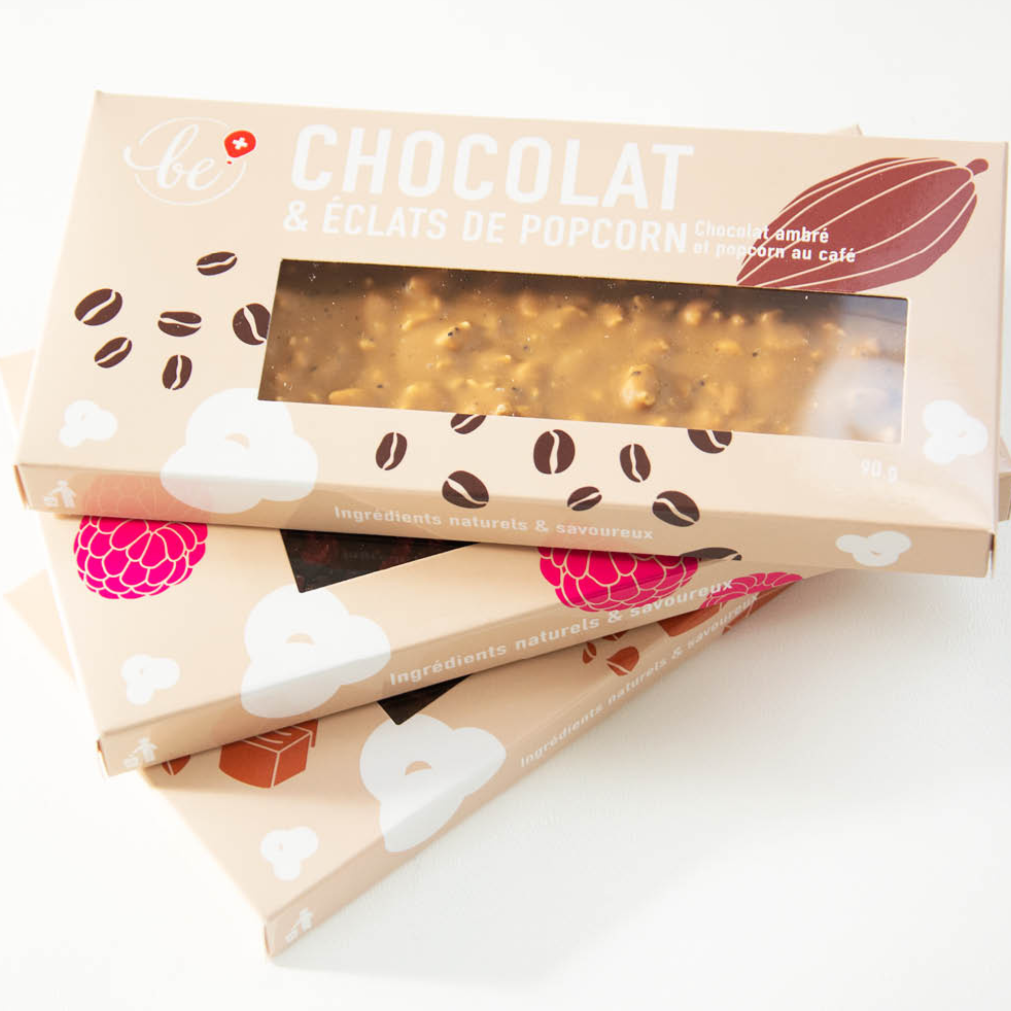 Coffret regroupant nos 3 tablettes de chocolats aux éclats de popcorn