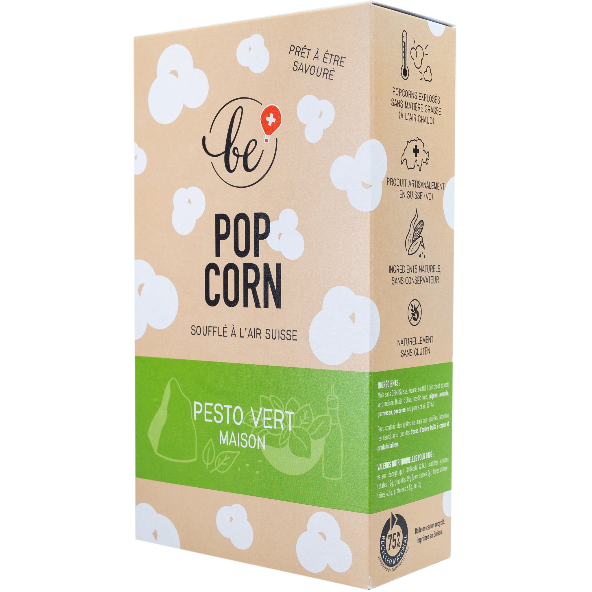 Grand paquet de popcorn vert au pesto vert maison