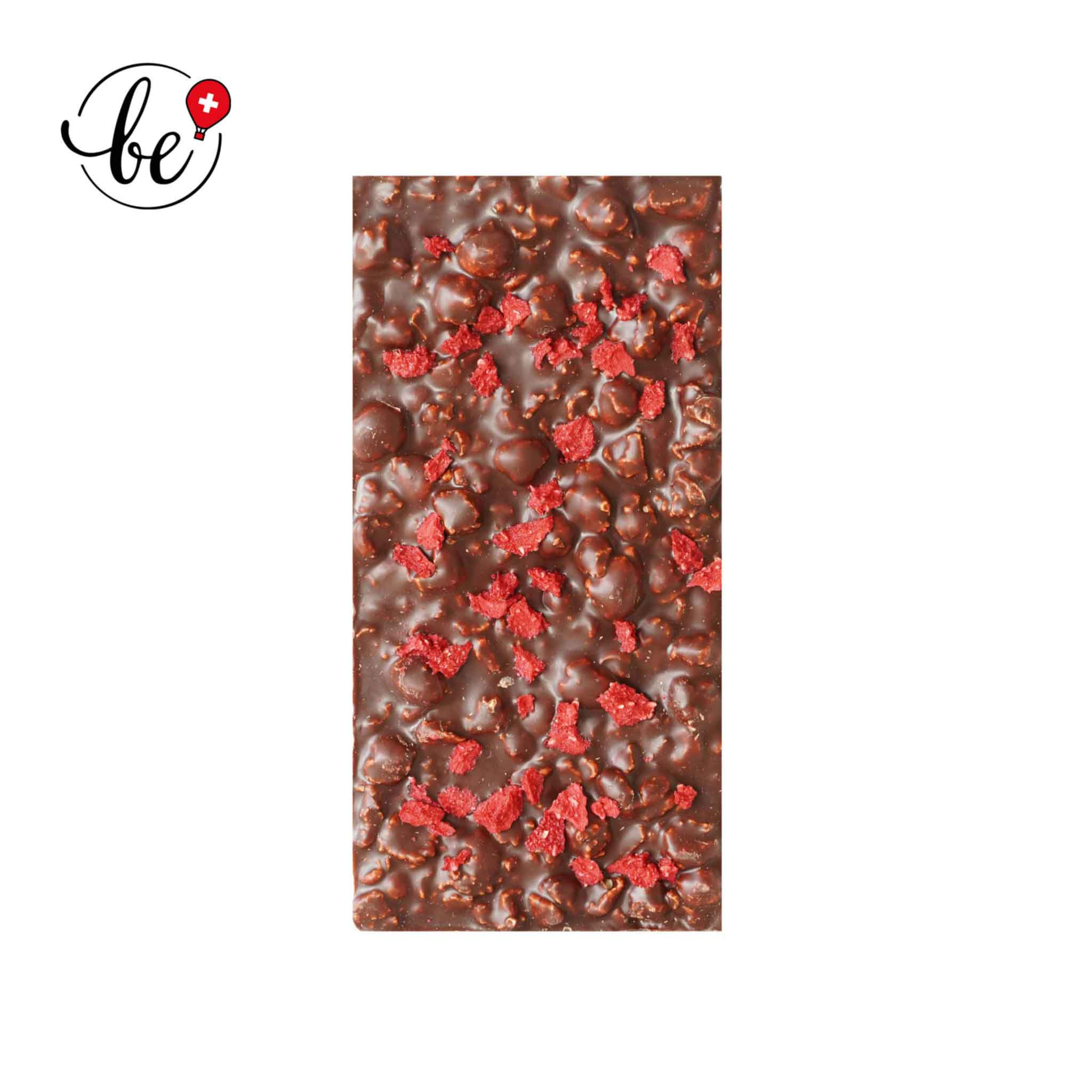 Tablette de chocolat noir à la framboise et éclats de popcorn au framboise